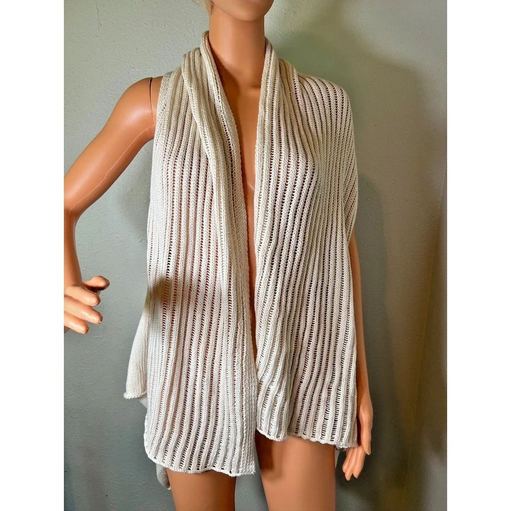 Pure Handknit Cream Cotton Lagenlook Flowy‎ Cardigan Sweater Vest S/M Boho Ivory